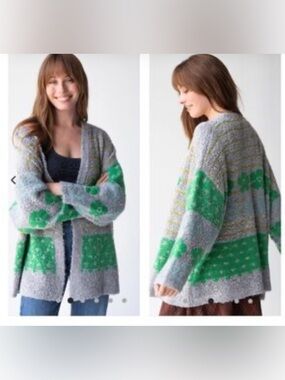 Natural Life Calla Cozy Gray & Green Chunky Knit Cardigan Sweater L XL
